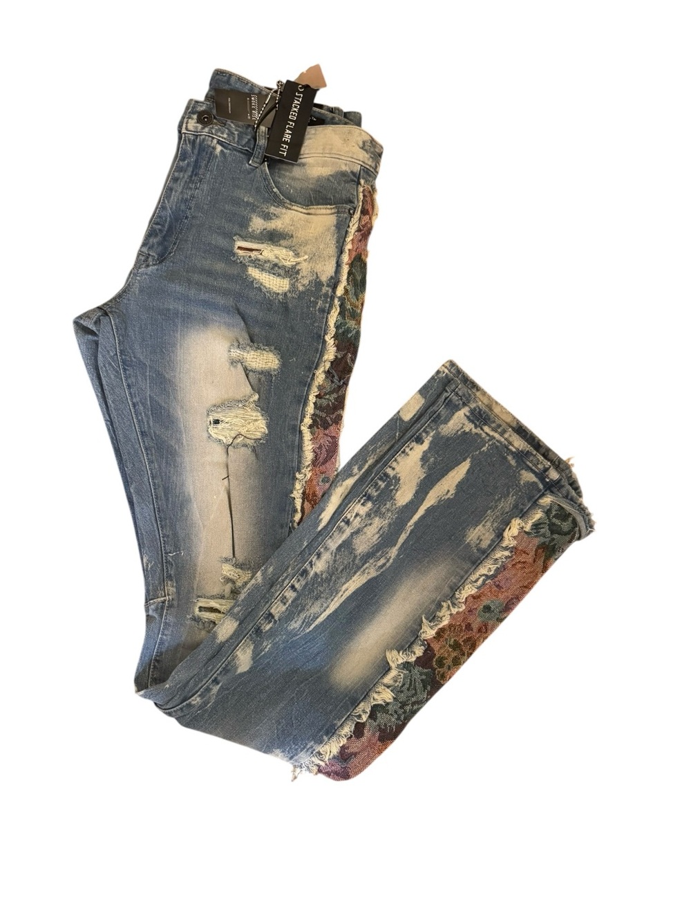 Men's Slim Straight Distressed Blue Jeans with Floral Side Panel